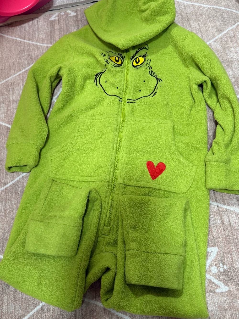 Hanna Andersson Green Grinch-Inspired Hooded Fleece One-Piece with Red Heart